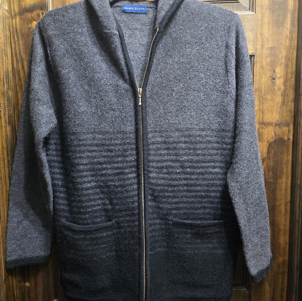Karen Scott 100 Percent Wool Hooded Swester Cardigan Black And Gray Size Small